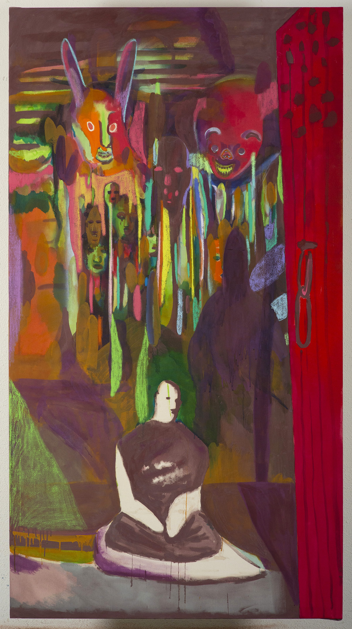 behind red door, sitting